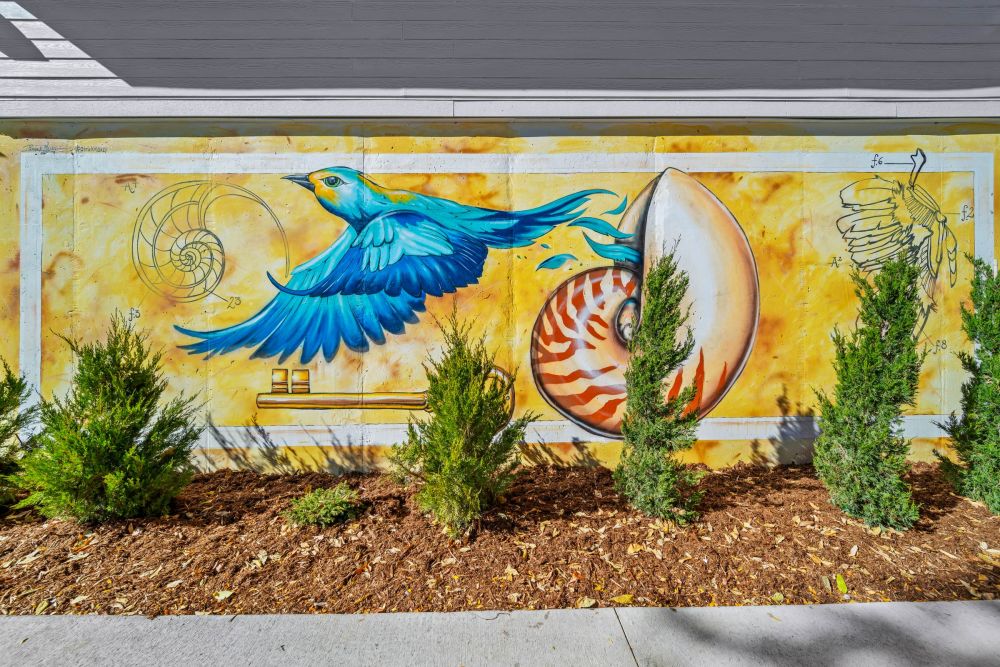 A mural of a blue bird flying from a nautilus shell with scientific sketches, behind green shrubs on a yellow background.